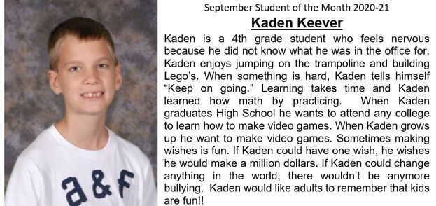 Student of the Month for September Kaden Keever